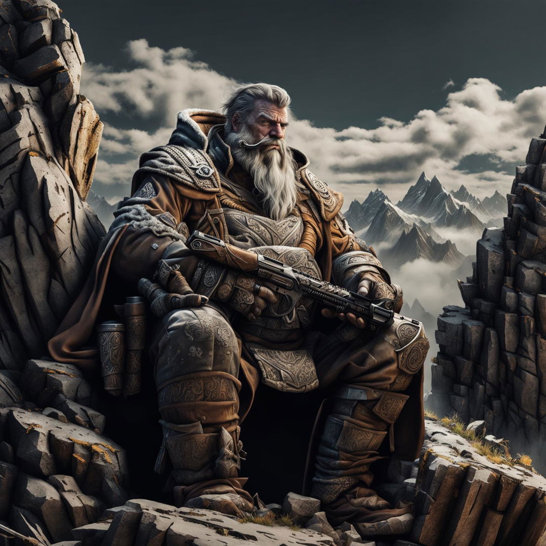 Character concept of a haggard Dwarven Sniper meditating in the mountains, wearing tattered but intricately designed robes, with his sniper rifle resting across his lap