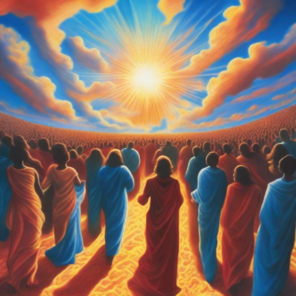 A breathtaking scene of the rapture, with people ascending towards a bright, fiery light into the sky, surrounded by clouds and a sense of divine presence