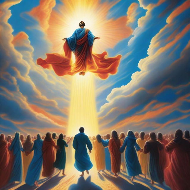 A breathtaking scene of the rapture, with people ascending towards a bright, fiery light into the sky, surrounded by clouds and a sense of divine presence