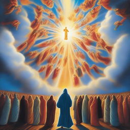 A breathtaking scene of the rapture, with people ascending towards a bright, fiery light into the sky, surrounded by clouds and a sense of divine presence