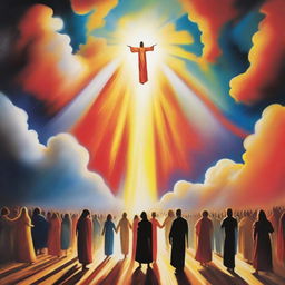 A breathtaking scene of the rapture, with people ascending towards a bright, fiery light into the sky, surrounded by clouds and a sense of divine presence