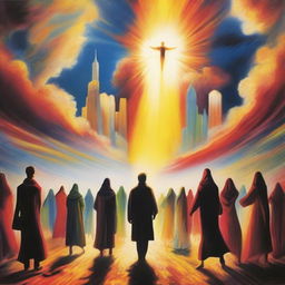 A breathtaking scene of the rapture, with people ascending towards a bright, fiery light into the sky, surrounded by clouds and a sense of divine presence