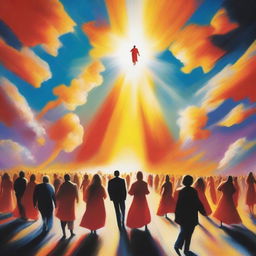 A breathtaking scene of the rapture, with people ascending towards a bright, fiery light into the sky, surrounded by clouds and a sense of divine presence