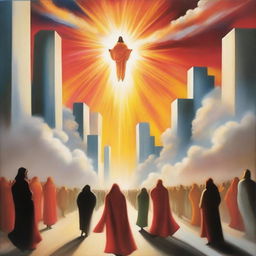 A breathtaking scene of the rapture, with people ascending towards a bright, fiery light into the sky, surrounded by clouds and a sense of divine presence