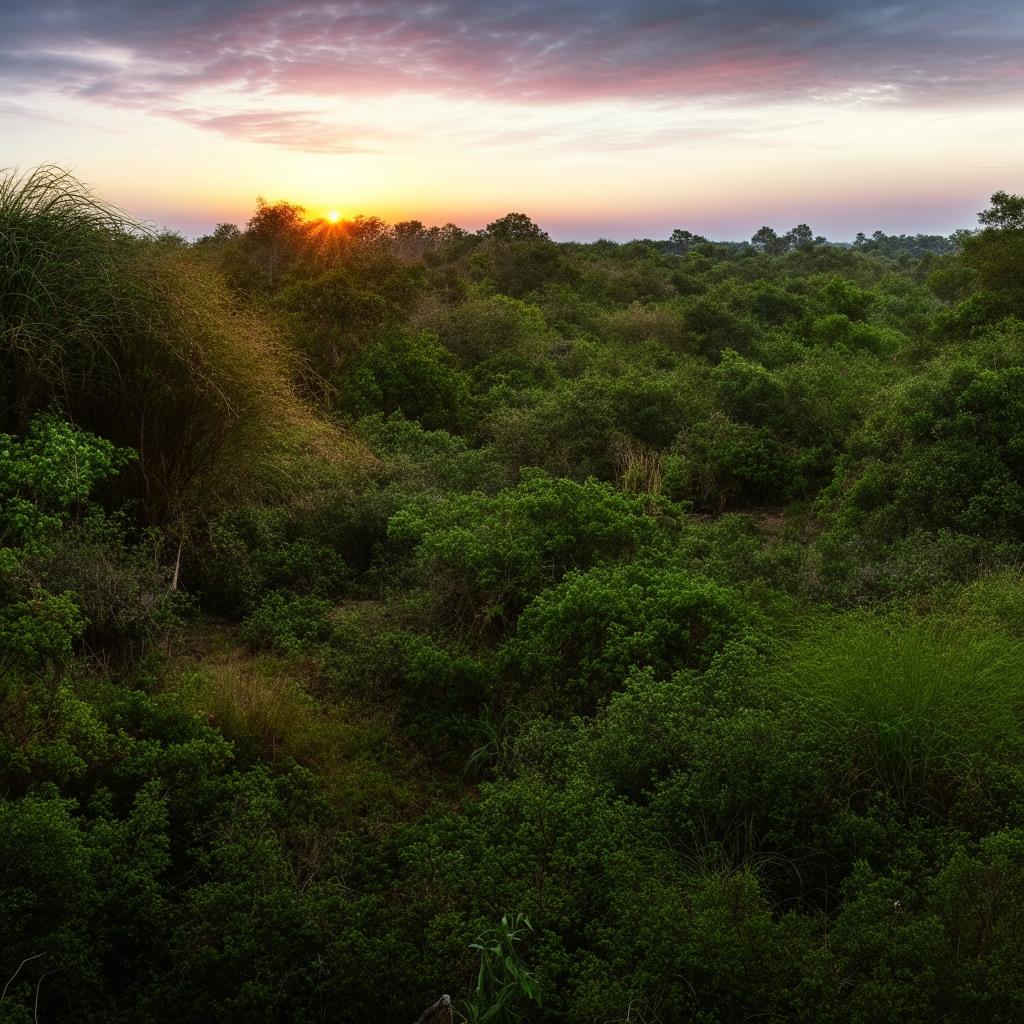 A vibrant and diverse ecosystem teeming with various forms of life. Lush green landscapes, wild animals in their natural habitats and a beautiful sunset.