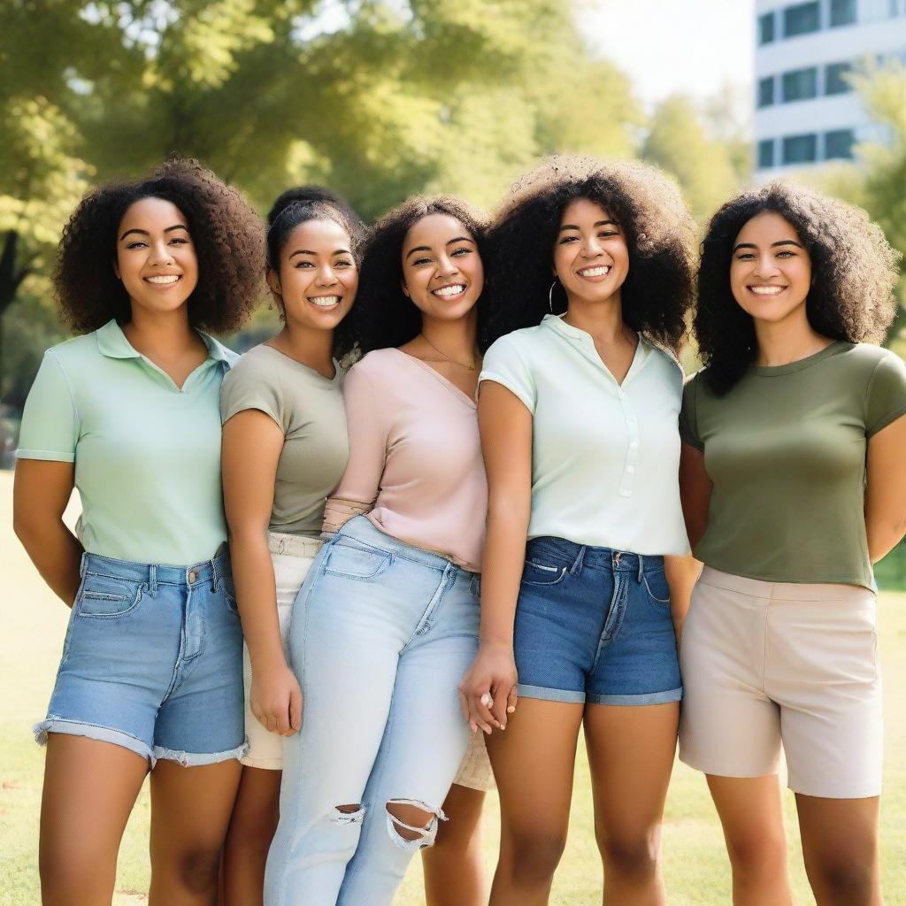 A diverse group of women from different ethnic backgrounds, dressed in modern casual attire, standing together and smiling