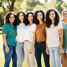 A diverse group of women from different ethnic backgrounds, dressed in modern casual attire, standing together and smiling