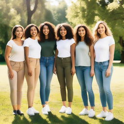 A diverse group of women from different ethnic backgrounds, dressed in modern casual attire, standing together and smiling