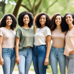 A diverse group of women from different ethnic backgrounds, dressed in modern casual attire, standing together and smiling