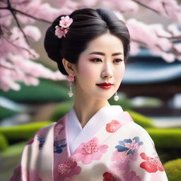 A beautiful Japanese woman with traditional attire, featuring elegant kimono and intricate hair accessories