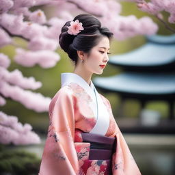 A beautiful Japanese woman with traditional attire, featuring elegant kimono and intricate hair accessories