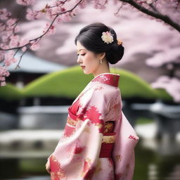 A beautiful Japanese woman with traditional attire, featuring elegant kimono and intricate hair accessories