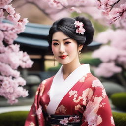 A beautiful Japanese woman with traditional attire, featuring elegant kimono and intricate hair accessories