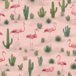 A background image depicting a beach theme, filled with playful flamingos scattered across the scene, amongst a striking variety of cacti, all bathed in warm, soft beach colors.