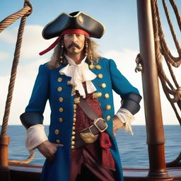 A pirate captain wearing a blue coat with a tricorne that is trimmed with light red, standing on the deck of a pirate ship with the ocean in the background