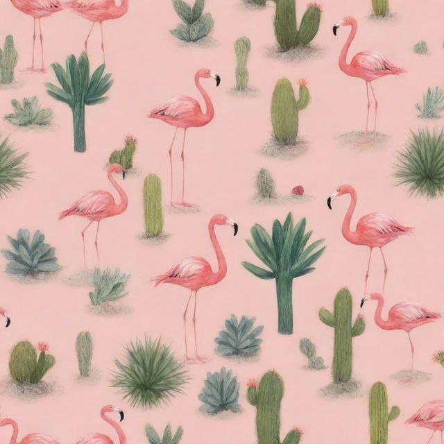 A background image depicting a beach theme, filled with playful flamingos scattered across the scene, amongst a striking variety of cacti, all bathed in warm, soft beach colors.