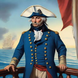 A ship captain wearing a blue coat with a tricorne that is trimmed with light red along the brim