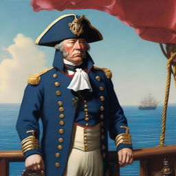 A ship captain wearing a blue coat with a tricorne that is trimmed with light red along the brim