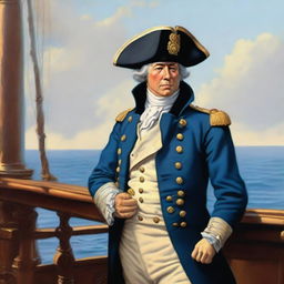 A ship captain wearing a blue coat with a tricorne that is trimmed with light red along the brim