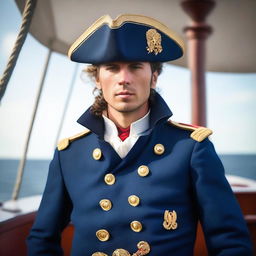 A 20-30 year old ship captain wearing a blue coat with a tricorne that is trimmed with light red