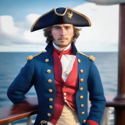 A 20-30 year old ship captain wearing a blue coat with a tricorne that is trimmed with light red