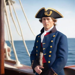 A 20-30 year old ship captain wearing a blue coat with a tricorne that is trimmed with light red