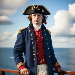 A 20-30 year old ship captain wearing a blue coat with a tricorne that is trimmed with light red