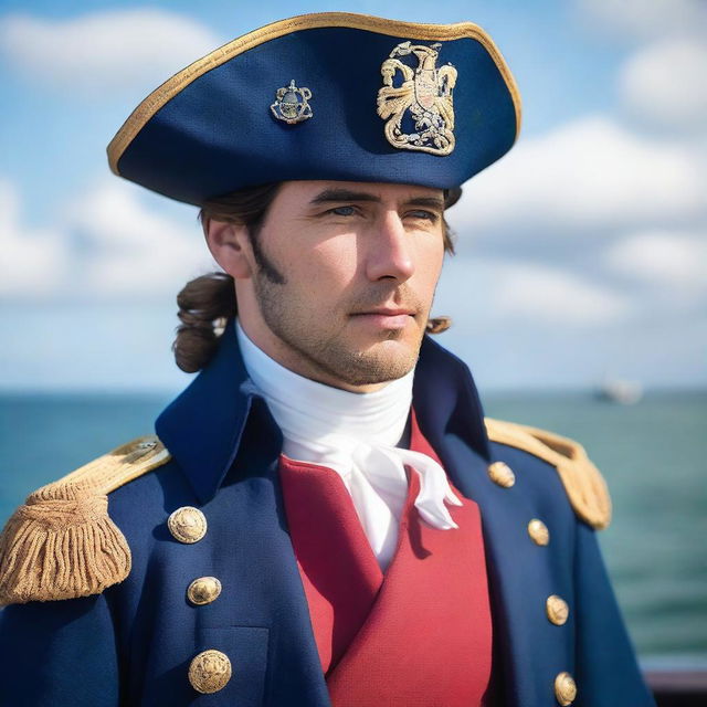 A 30 year old ship captain wearing a blue coat with a tricorne that is trimmed with light red