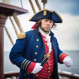 A 30 year old ship captain wearing a blue coat with a tricorne that is trimmed with light red