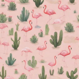 A background image depicting a beach theme, filled with playful flamingos scattered across the scene, amongst a striking variety of cacti, all bathed in warm, soft beach colors.