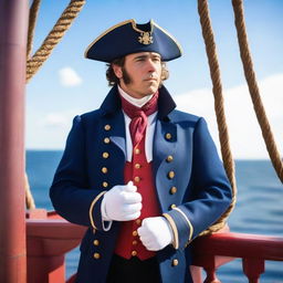 A 30 year old ship captain wearing a blue coat with a tricorne that is trimmed with light red