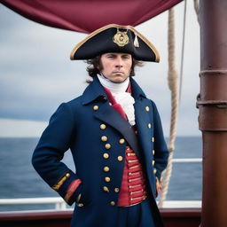 A 30 year old ship captain wearing a blue coat with a tricorne that is trimmed with light red