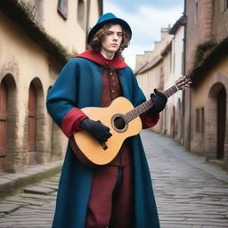 A 20 year old bard wearing a blue coat with a red cape and dark gloves, holding a guitar