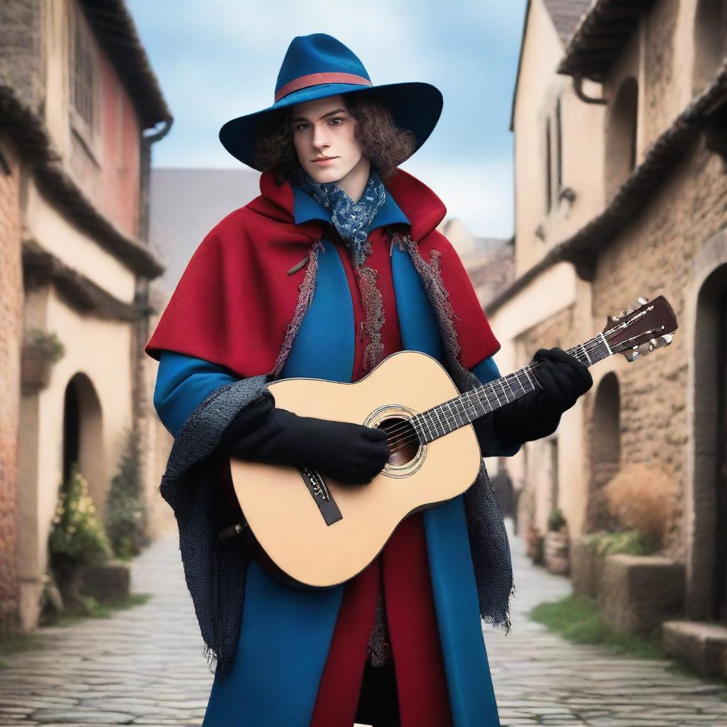 A 20 year old bard wearing a blue coat with a red cape and dark gloves, holding a guitar