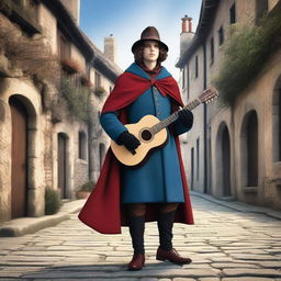 A 20 year old bard wearing a blue coat with a red cape and dark gloves, holding a guitar