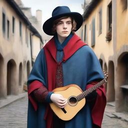 A 20 year old bard wearing a blue coat with a red cape and dark gloves, holding a guitar