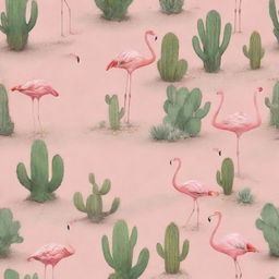 A background image depicting a beach theme, filled with playful flamingos scattered across the scene, amongst a striking variety of cacti, all bathed in warm, soft beach colors.