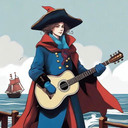 A 20 year old bard at sea wearing a blue coat with a red cape and dark gloves