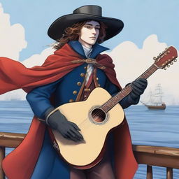 A 20 year old bard at sea wearing a blue coat with a red cape and dark gloves