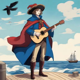 A 20 year old bard at sea wearing a blue coat with a red cape and dark gloves