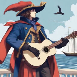 A 20 year old bard at sea wearing a blue coat with a red cape and dark gloves