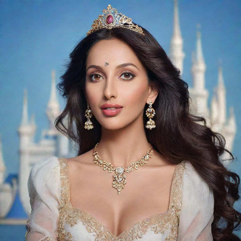 A portrait of Nora Fatehi depicted in Disney style, capturing her distinctive features infused with Disney charm.