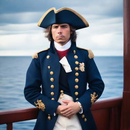 A 20-30 year old captain at sea wearing a blue coat and a tricorne that are both trimmed with light red