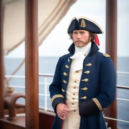 A 20-30 year old captain at sea wearing a blue coat and a tricorne that are both trimmed with light red