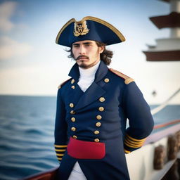 A 20-30 year old captain at sea wearing a blue coat and a tricorne that are both trimmed with light red