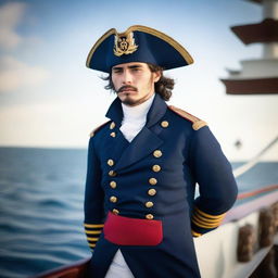 A 20-30 year old captain at sea wearing a blue coat and a tricorne that are both trimmed with light red