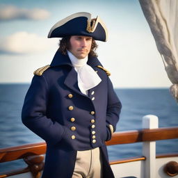 A 20-30 year old captain at sea wearing a blue coat and a tricorne that are both trimmed with light red