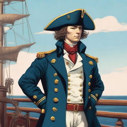 An illustration of a 20-30 year old captain at sea wearing a blue coat and a tricorne that are both trimmed with light red