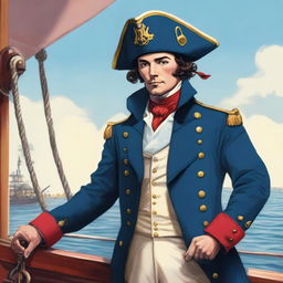 An illustration of a 20-30 year old captain at sea wearing a blue coat and a tricorne that are both trimmed with light red