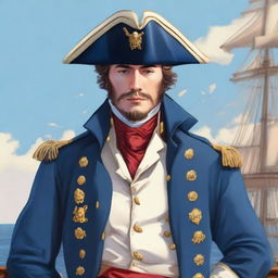 An illustration of a 20-30 year old captain at sea wearing a blue coat and a tricorne that are both trimmed with light red